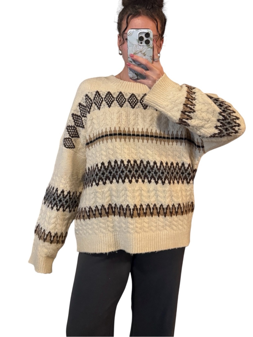 Altar'd State Cream Fair Isle Cable Knit Sweater with Brown & Black Accents
